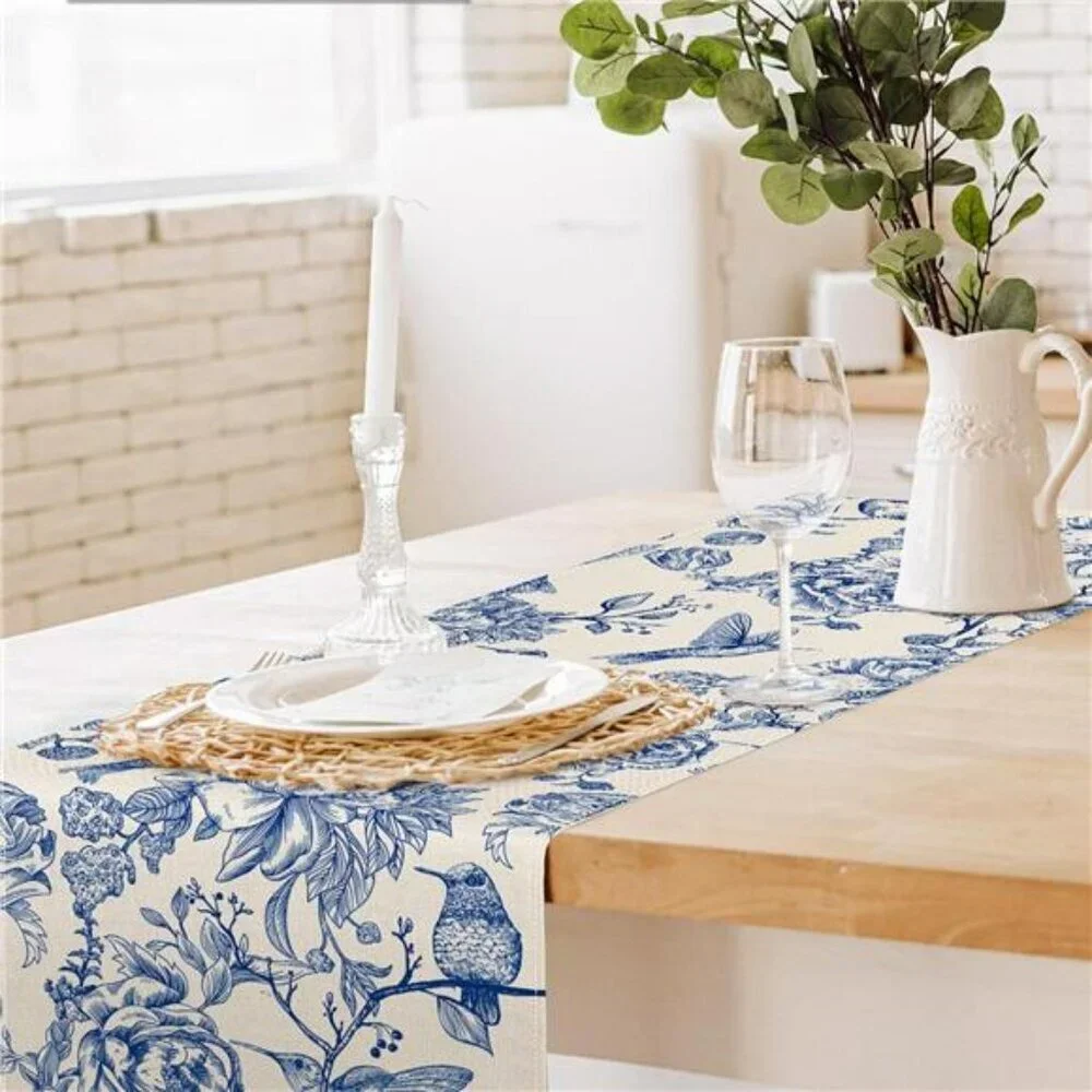 Blue floral table runner 13x72 vintage chinoiserie birds flowers dining table de